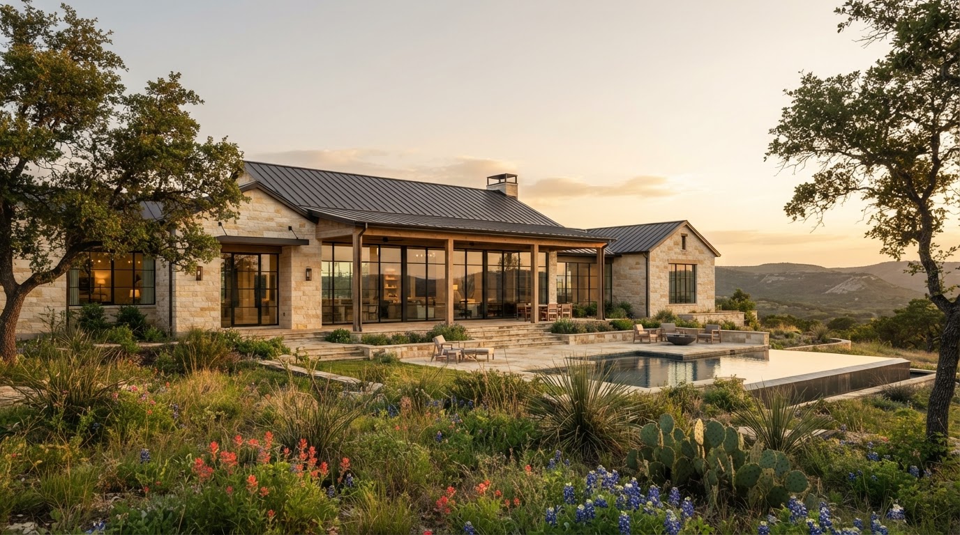 A stone home with a metal roof and a pool, lit warmly at sunset